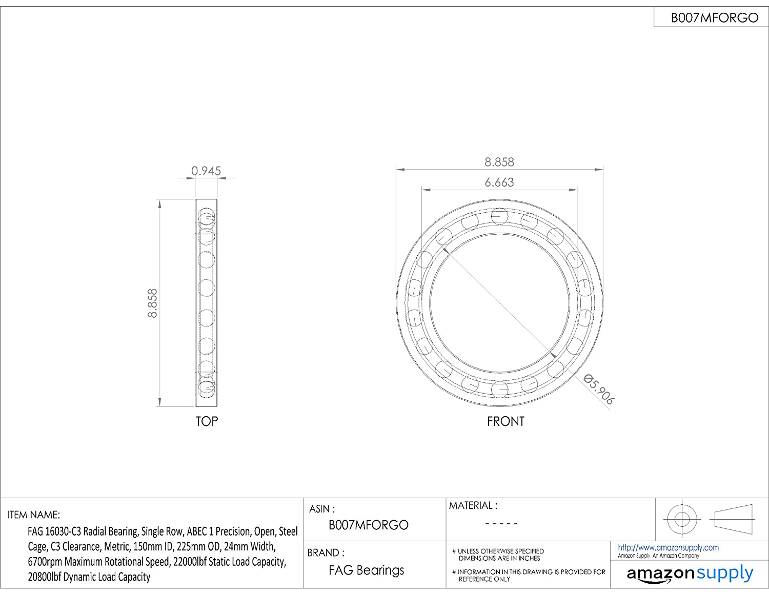  FAG 16030-C3 Radial Bearing