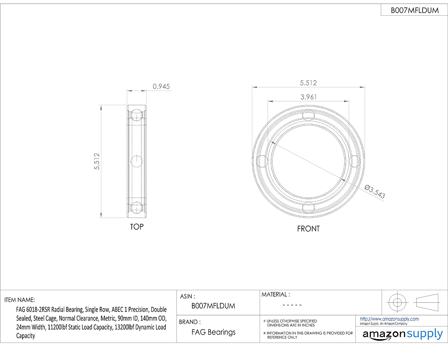  FAG 6018-2RSR Radial Bearing