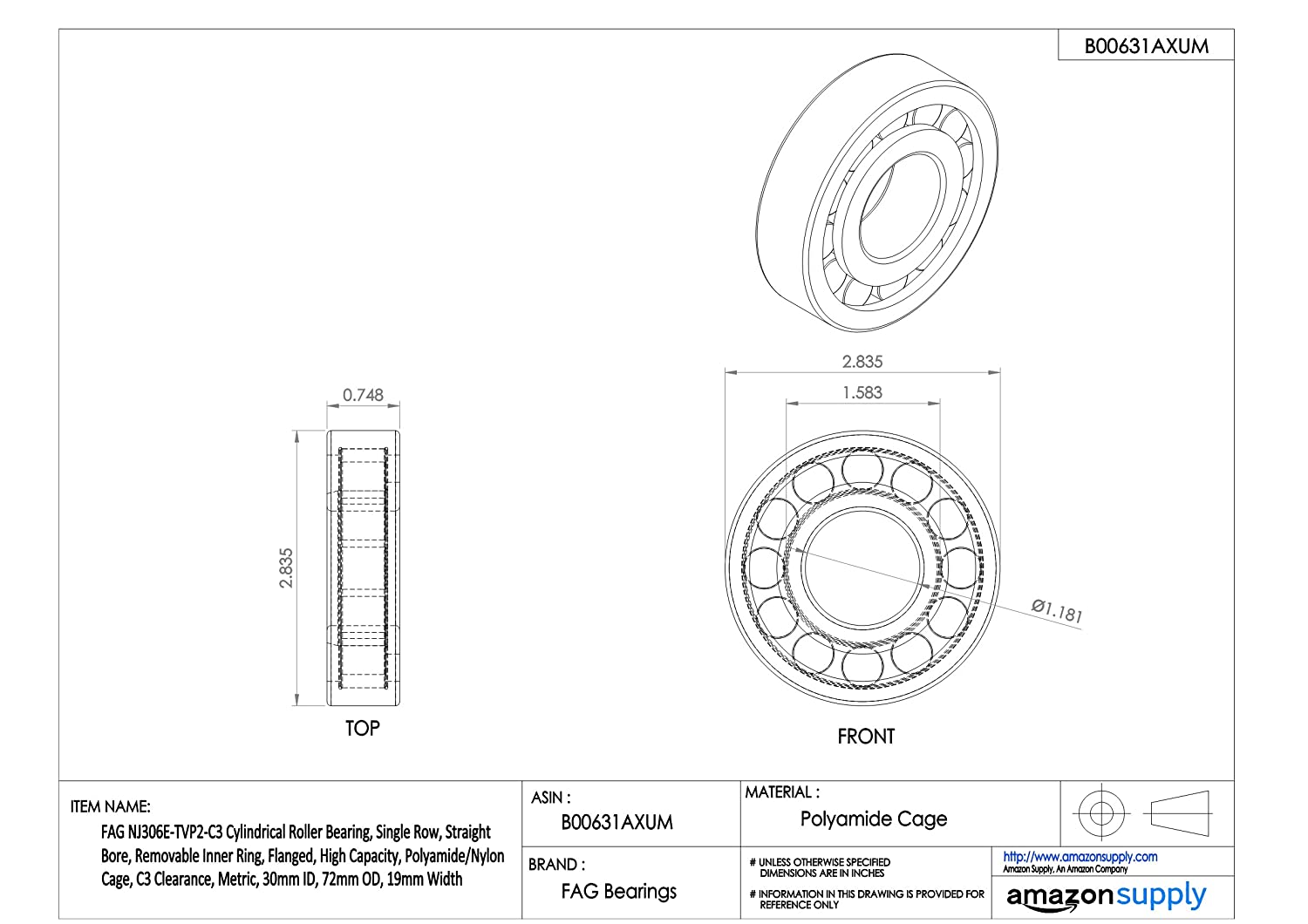 FAG NJ306E-TVP2-C3 Cylindrical Roller Bearing
