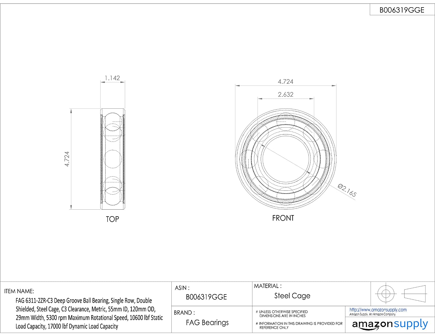  FAG 6311-2ZR-C3 Deep Groove Ball Bearing